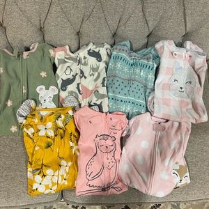 Baby Girl Pajama Onesies - 5 fleece, 2 cotton - size 12 months